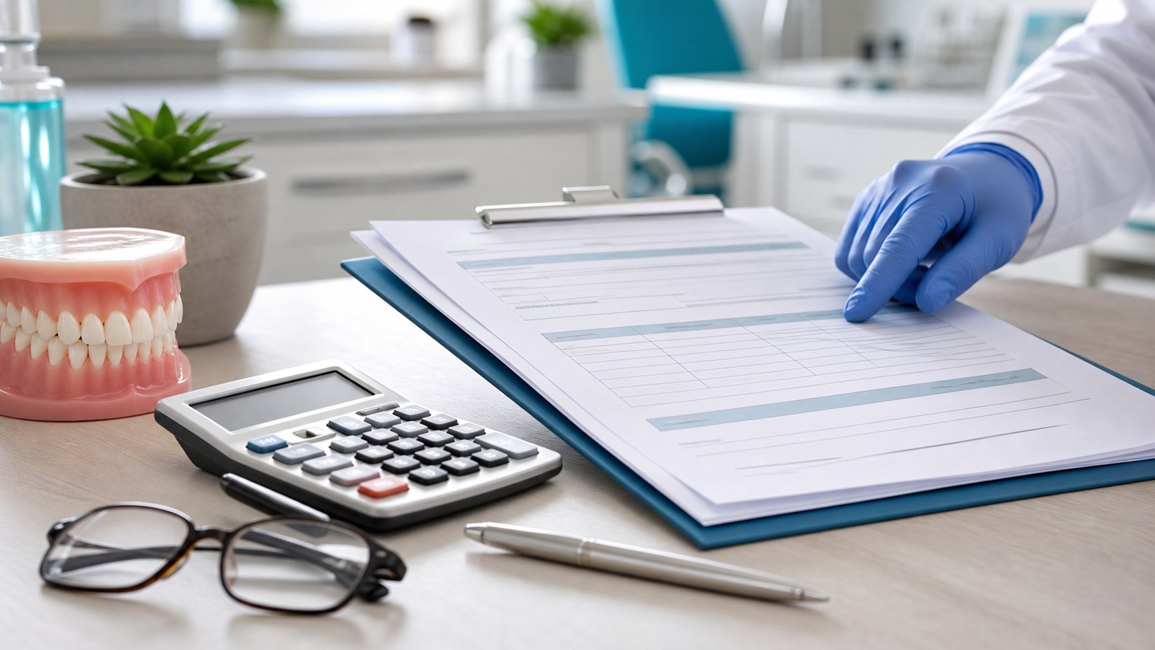 Denture consultation paperwork with a model, calculator, and pen on a clinic desk