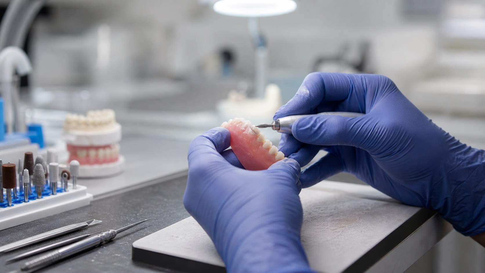Gloved lab technician hands adjusting a denture at a clean dental bench