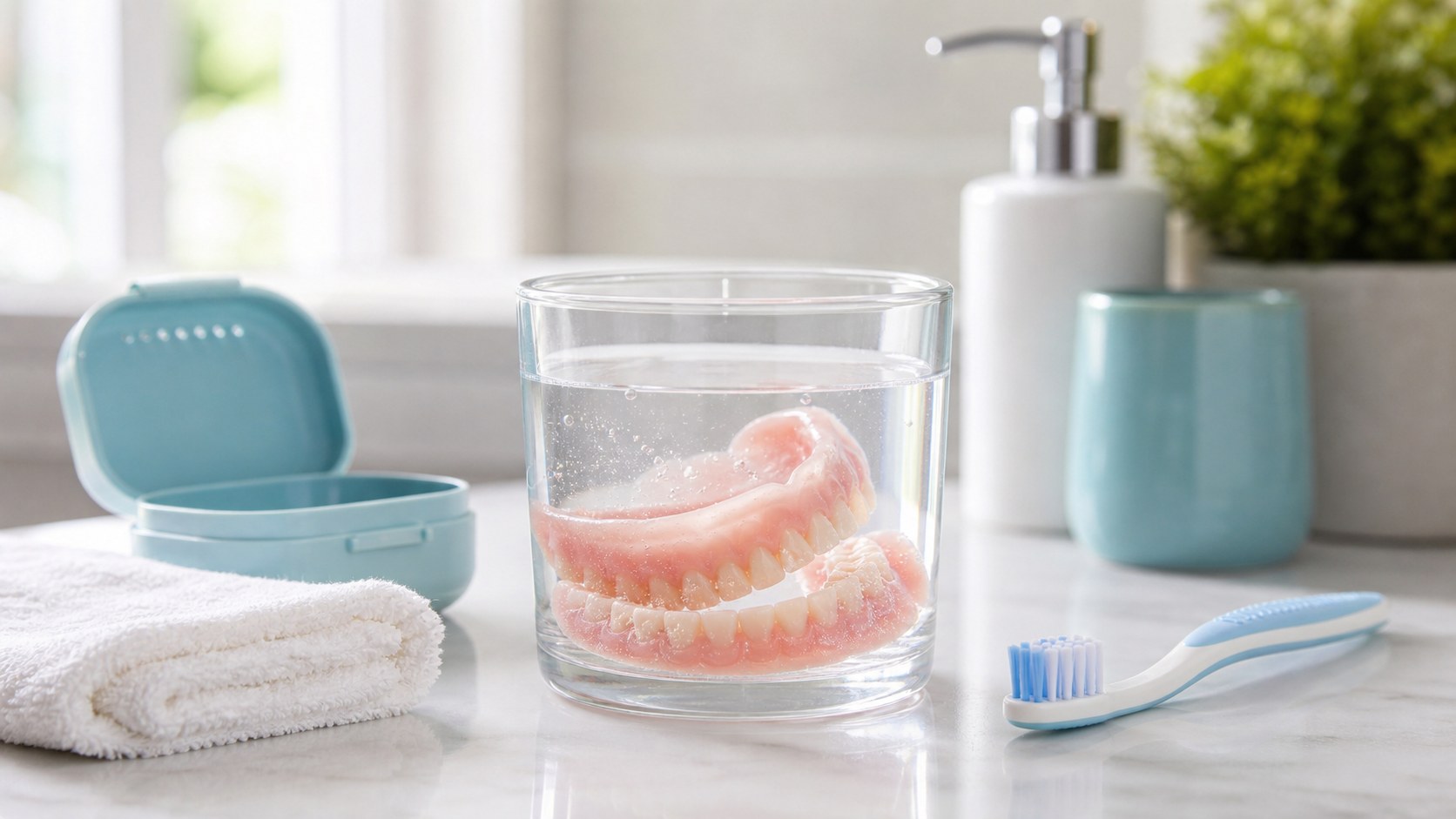 Dentures soaking in a clean container beside a denture brush and case