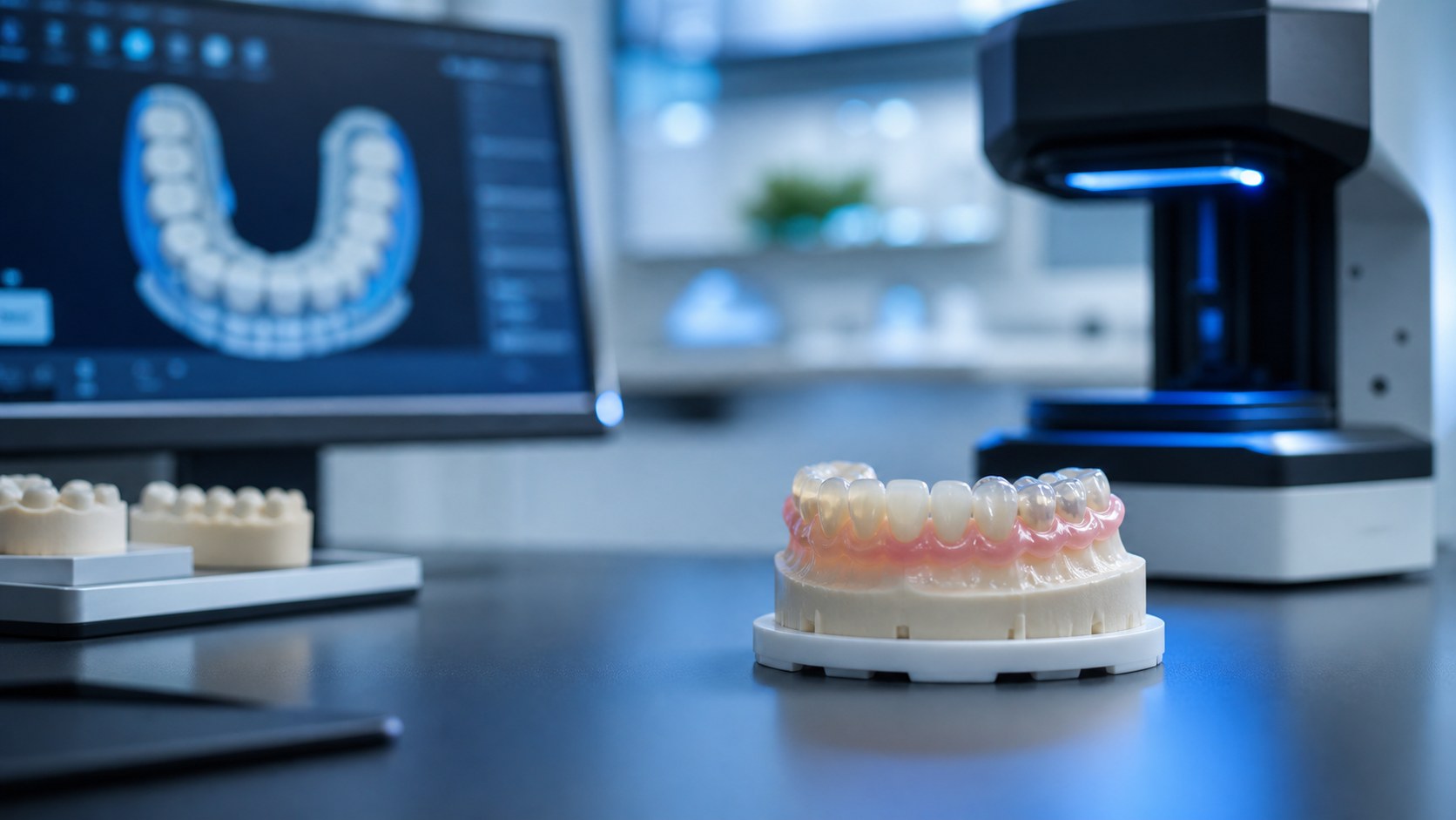 Digital denture model and lab technology in a clean dental workspace