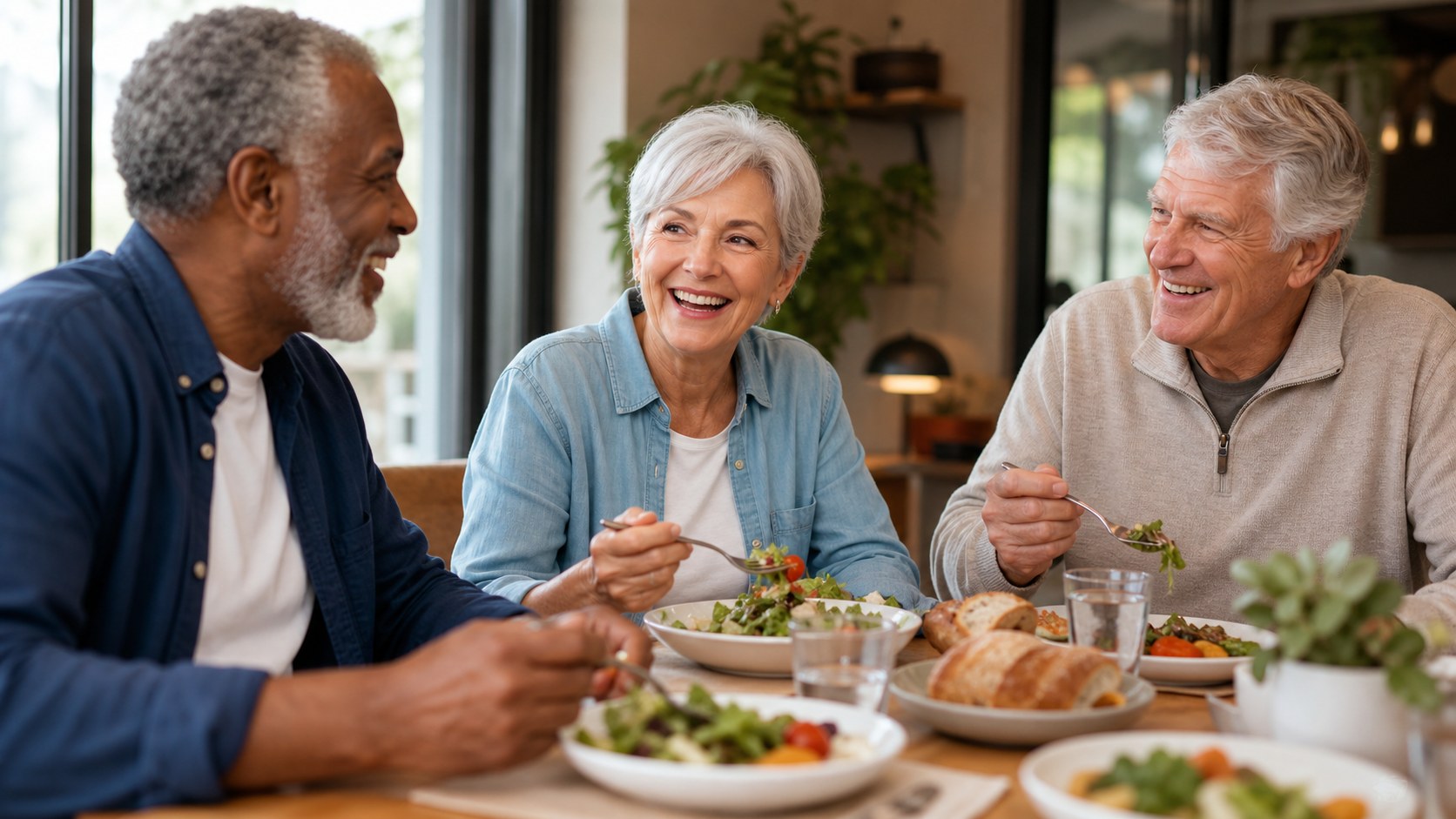 Older adults smiling and talking while sharing a meal together