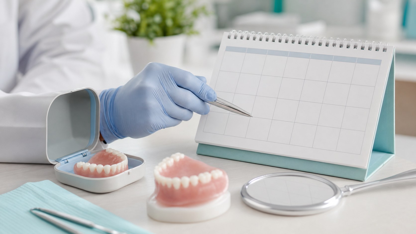 Denturist reviewing a 30-day denture adjustment calendar with a denture model