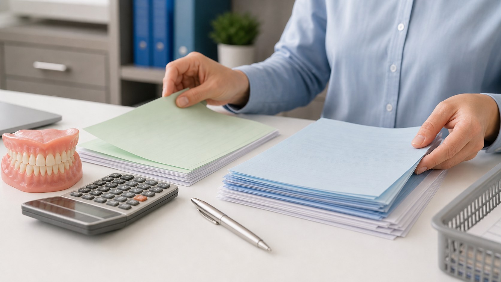 Benefits coordination folders, calculator, and denture model during coverage planning