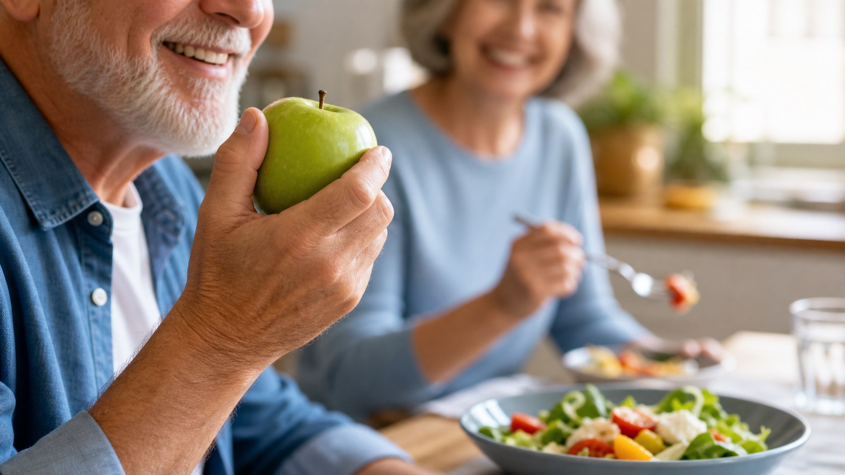 Denture patient confidently biting into crisp food at a bright table