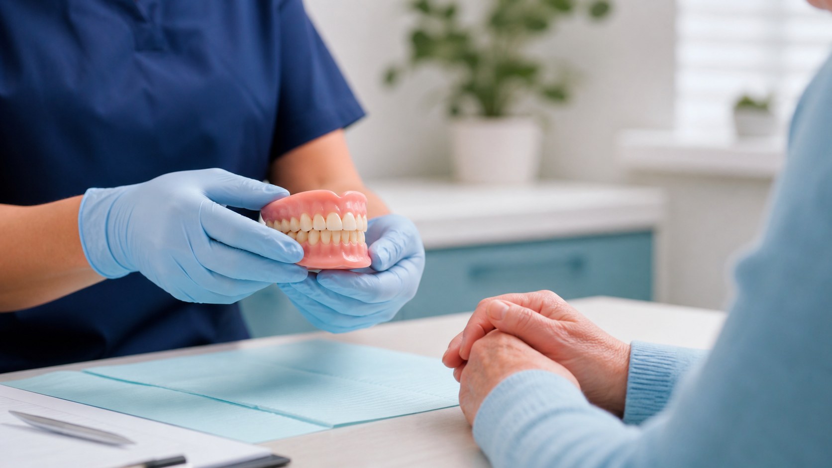 Denturist showing a denture model during a calm myth-busting consultation