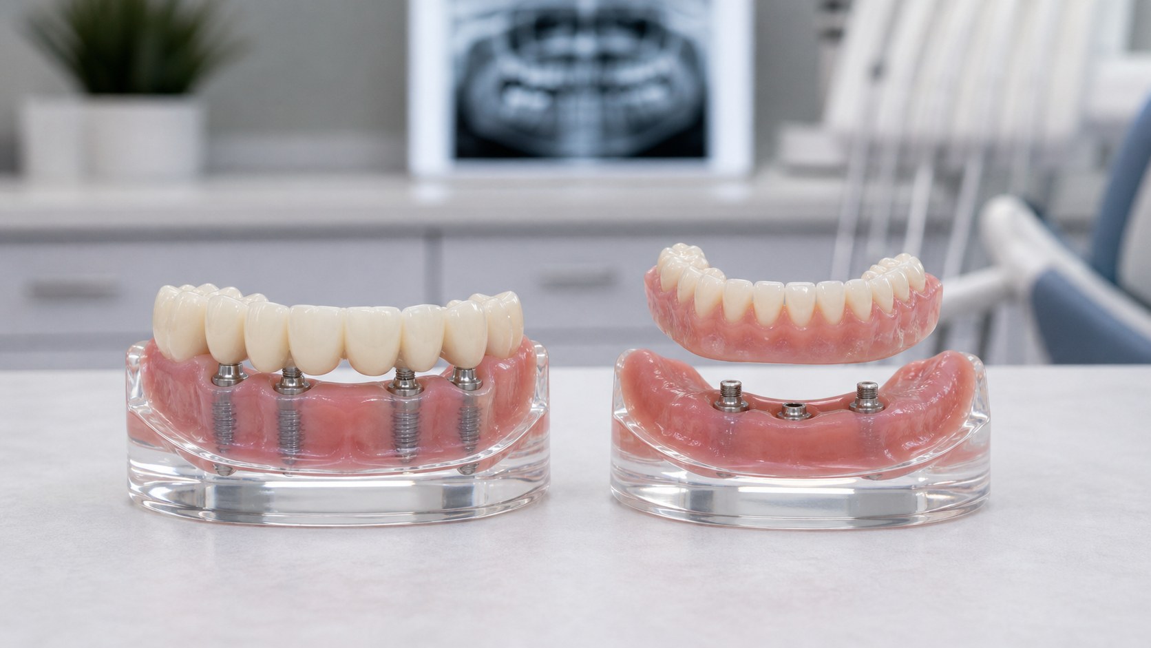 Fixed and removable implant denture models shown side by side