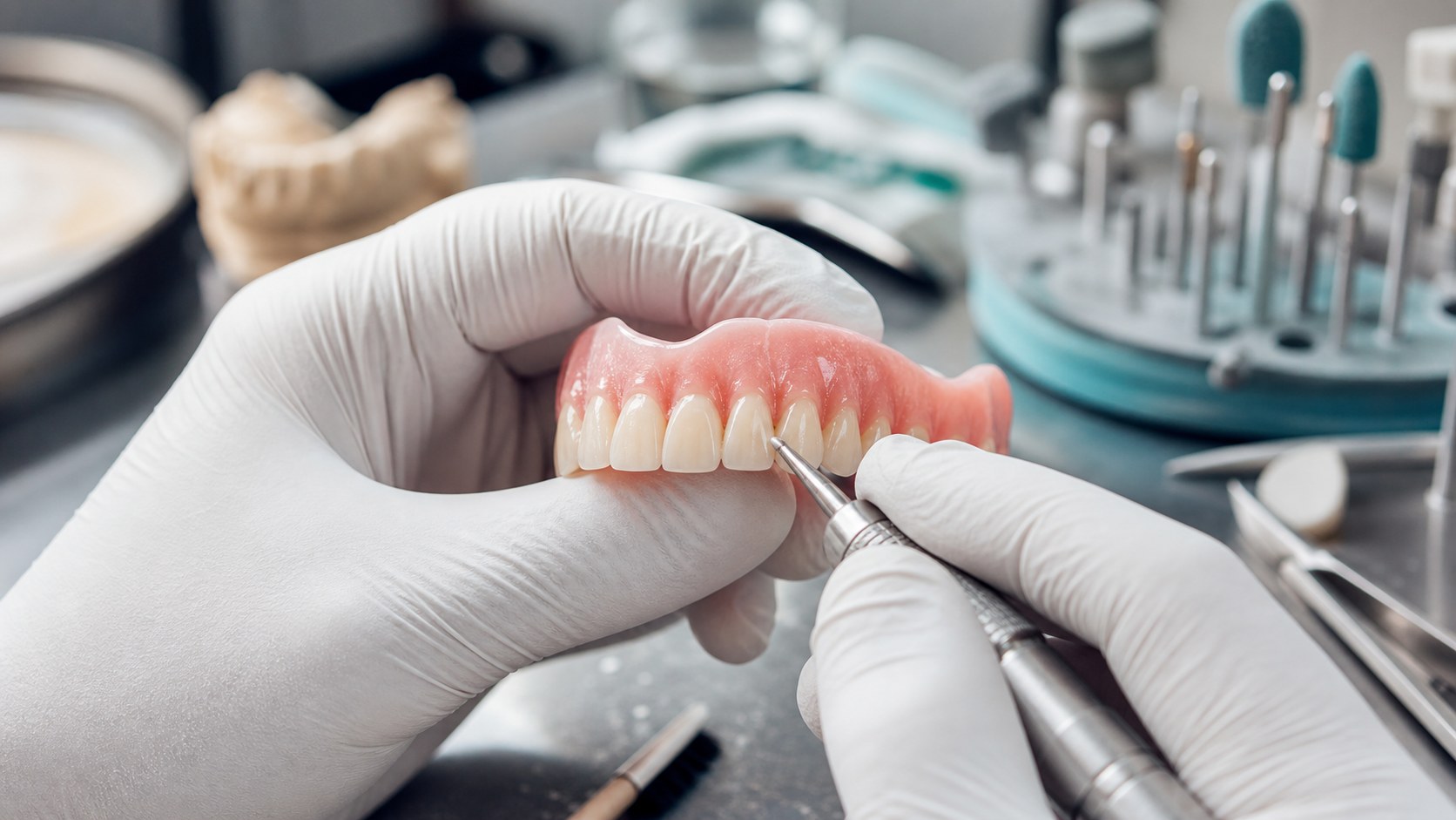 Premium complete denture being carefully hand-finished in the laboratory