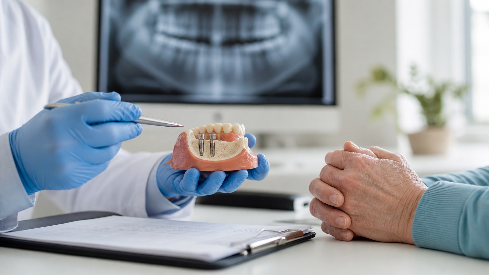 Dental professional reviewing implant candidacy with a denture model and x-ray