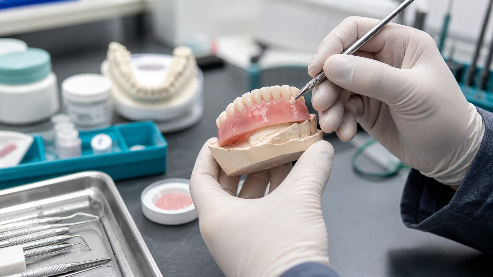 Technician adjusting denture fit on a model at a repair bench