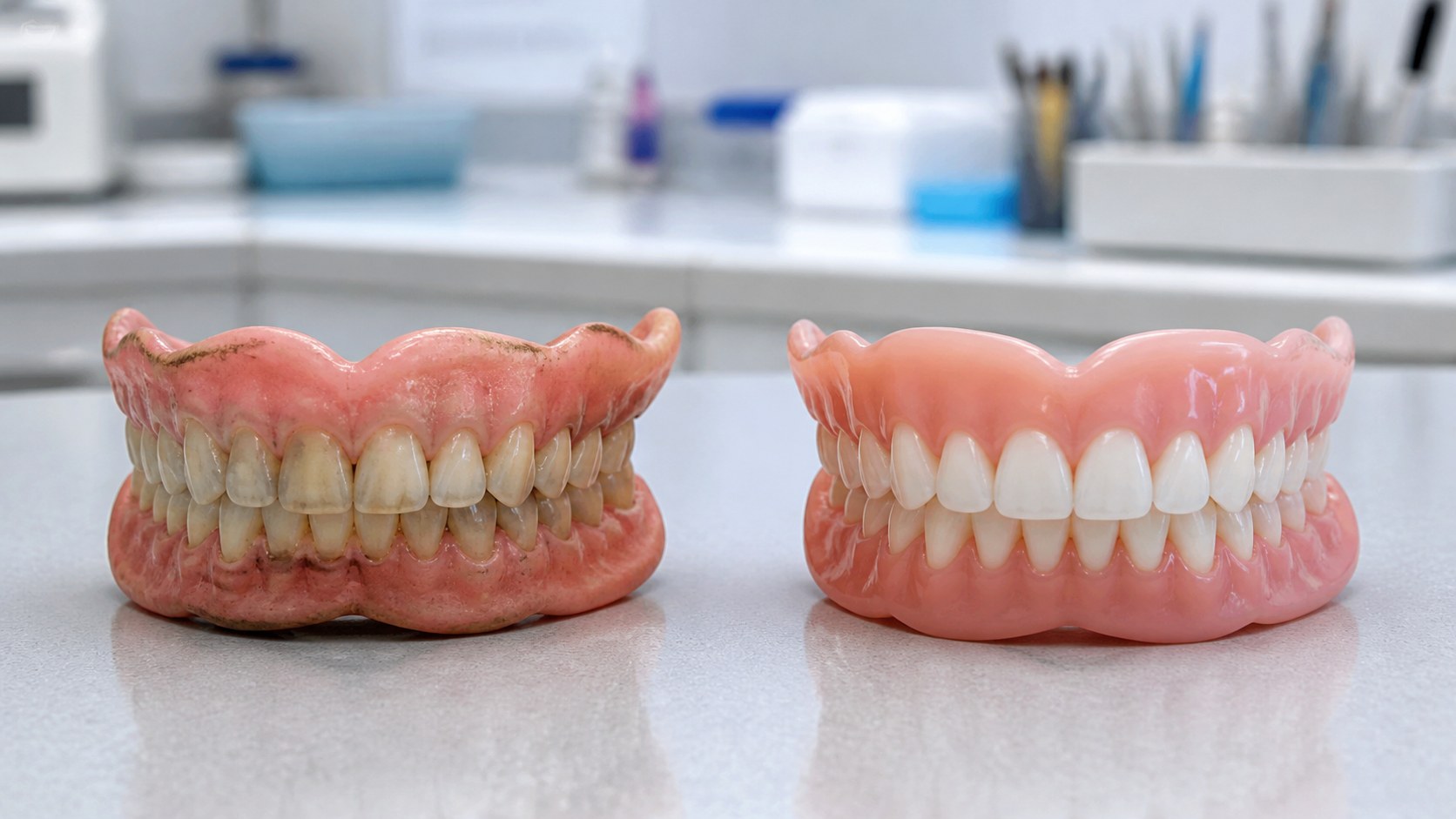 Comparison of an older denture and a newer denture on a clinical counter