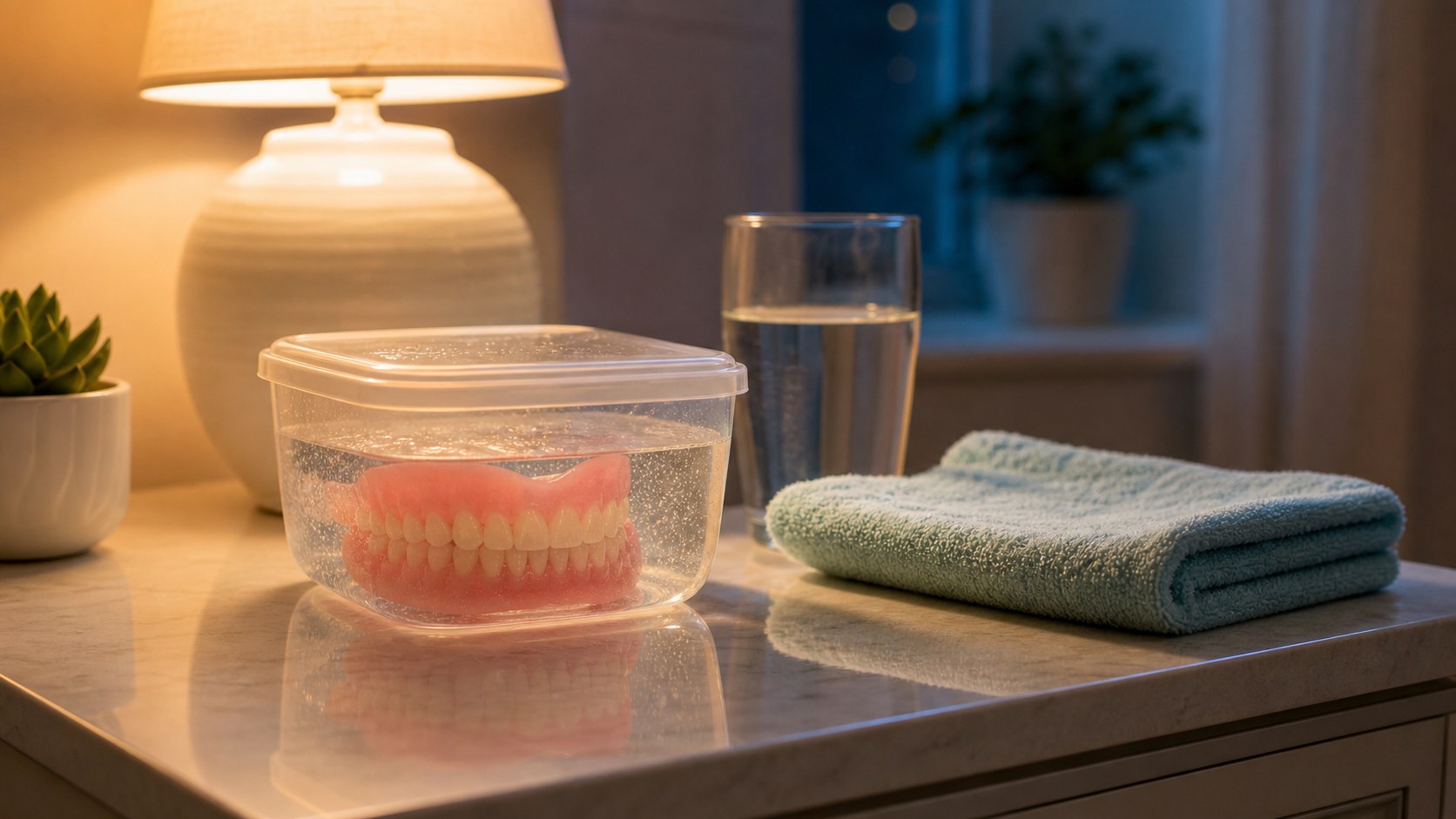 Dentures soaking overnight in a clear container beside a bedside lamp