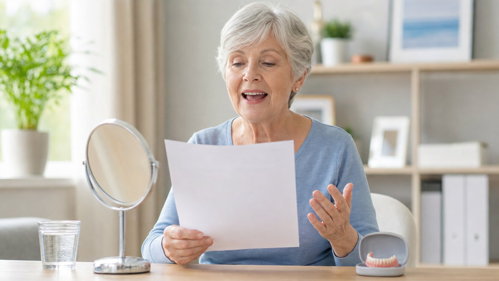 Patient practicing speech with dentures during a supportive denture consultation