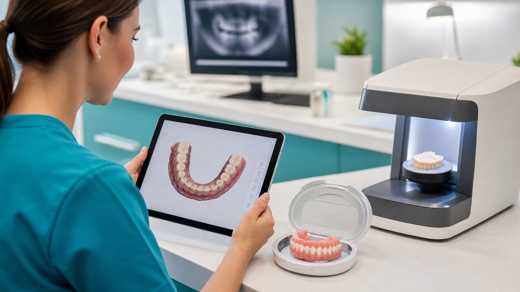 Dental professional reviewing a stored digital denture scan on a tablet