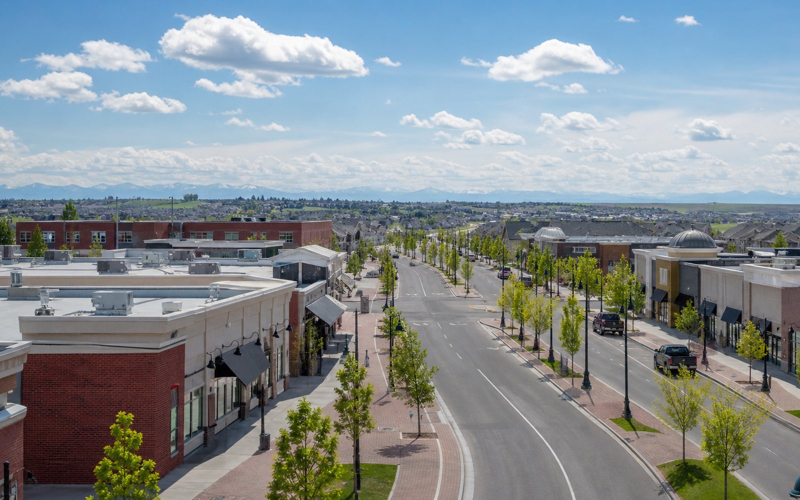 Airdrie, Alberta city street and prairie skyline